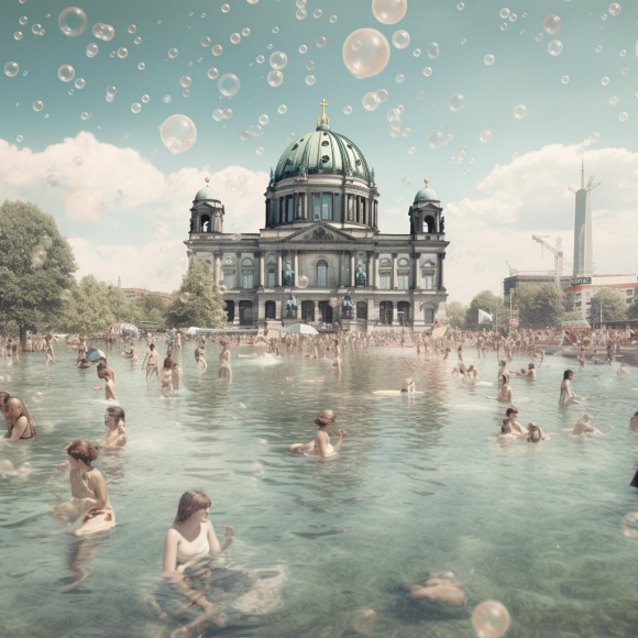 Menschen, die im Wasser Planschen vor einer historischen Kirche mit grünem Kuppeldach, während Seifenblasen im Himmel schweben.