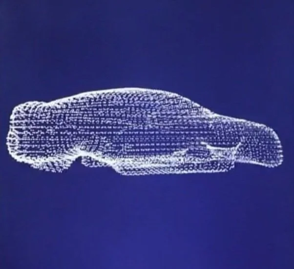 Digitale Darstellung eines Wal-Körpers, erzeugt durch Punktmuster auf dunklem Hintergrund.