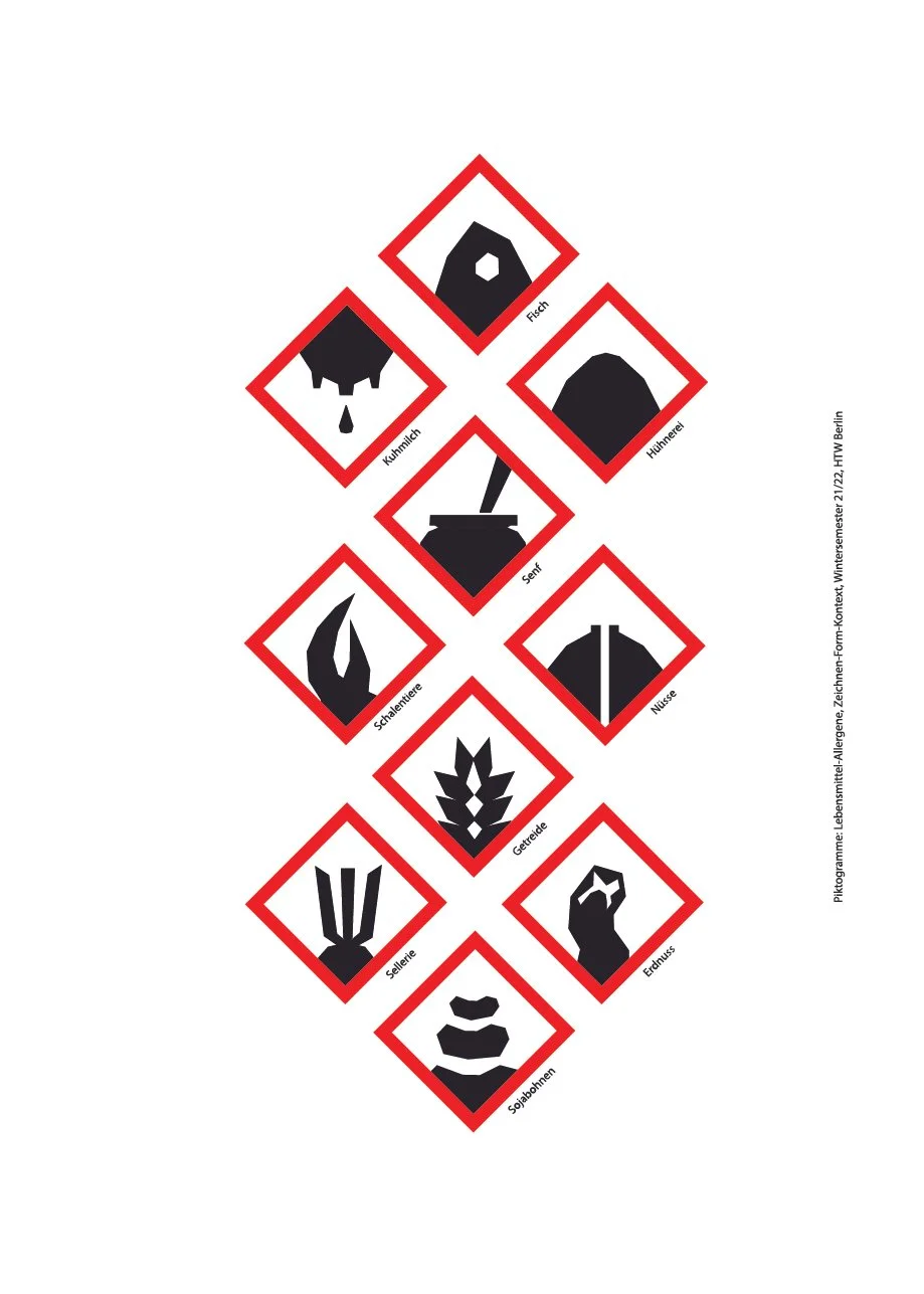 Piktogramme zu Allergenen Inhaltsstoffen, mit Warnhinweisen für verschiedene Gefahren wie Fisch, Hühnerei, Senf, Nüsse, Getreide, Sellerie, Sojabohnen, Erdnüsse, Kuckmilch, Schalentiere, und Hinweise auf mögliche Allergene.