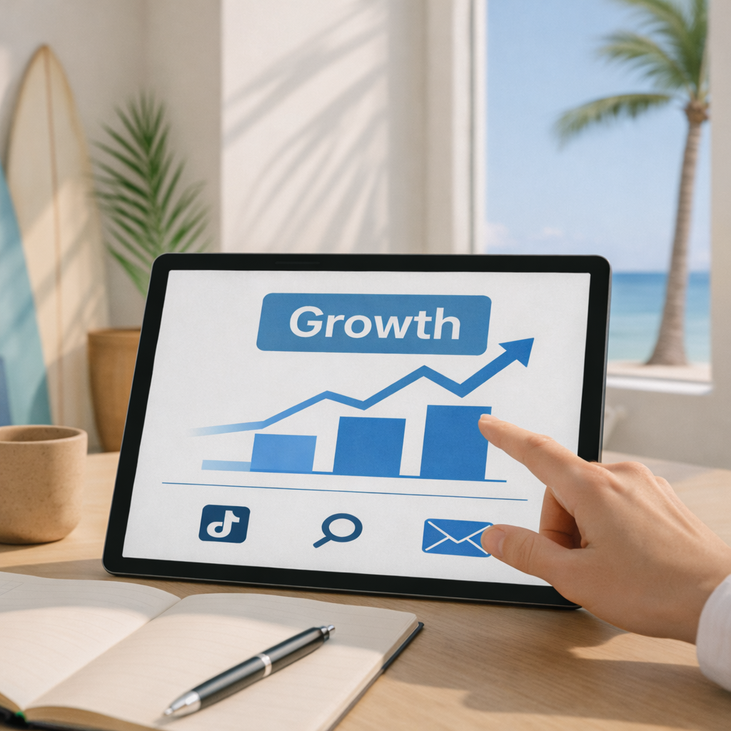 A person touching a tablet screen displaying a growth chart with an upward trending arrow, icons for TikTok, search, and email, and a beach scene with palm trees in the background.