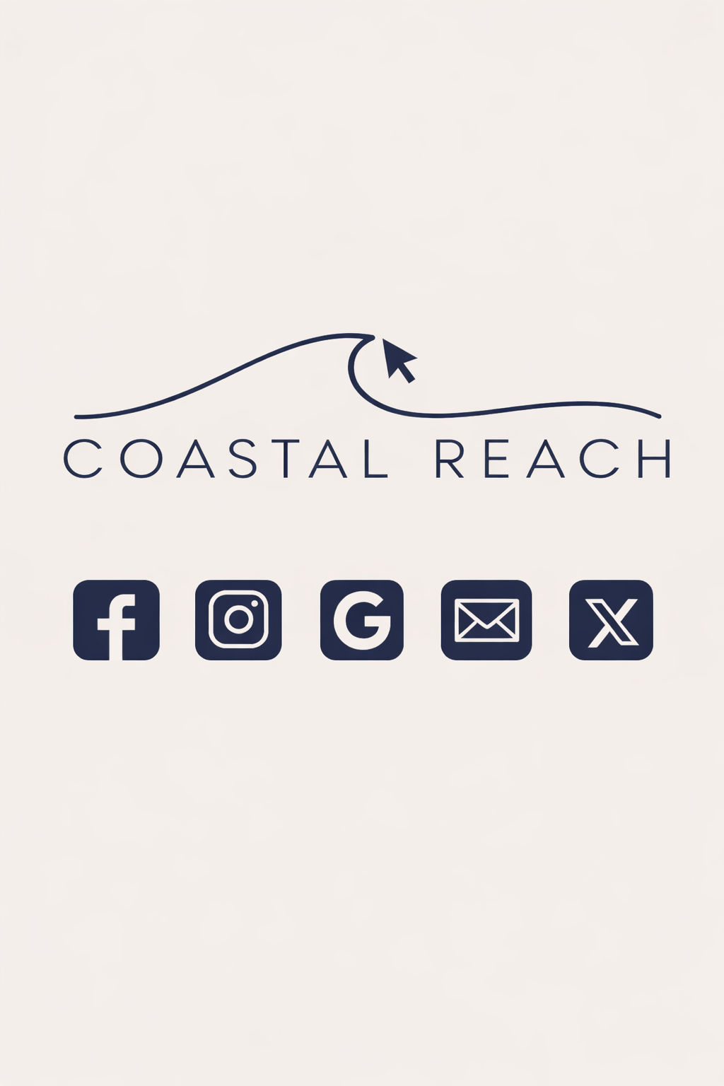 Coastal Reach logo with a wave and arrow design, and social media icons for Facebook, Instagram, Google, email, and X (Twitter).