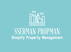 Logo for Sserman Propman with skyscraper icon and the tagline 'Simplify Property Management' on a light blue background.