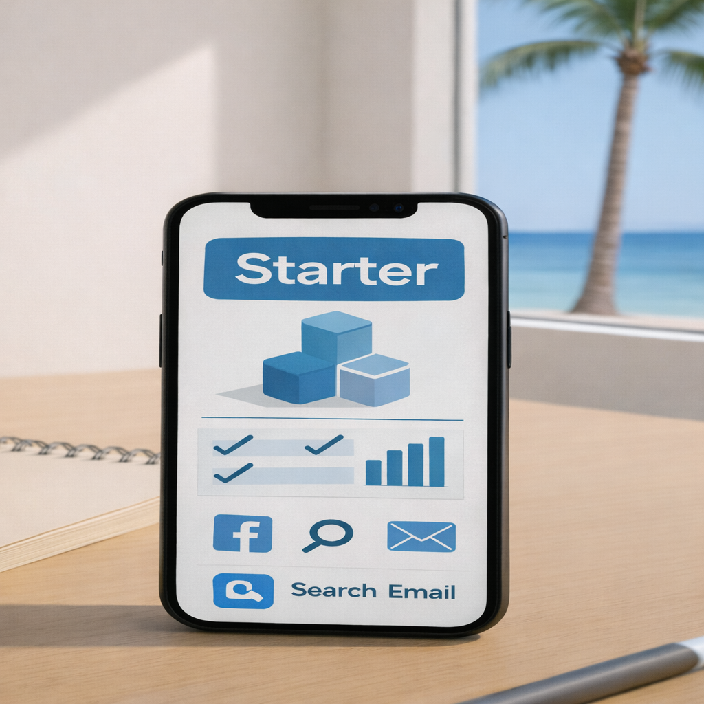 Smartphone displaying a digital app interface with the word 'Starter' at the top, icons for social media platforms, email, and search, with a beach and palm tree in the background.