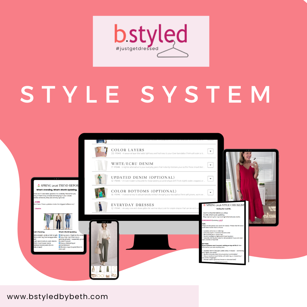 Pink background with images of digital devices displaying fashion style system charts and a woman in a red dress taking a selfie on a tablet. B.styled logo at the top and website link at the bottom.