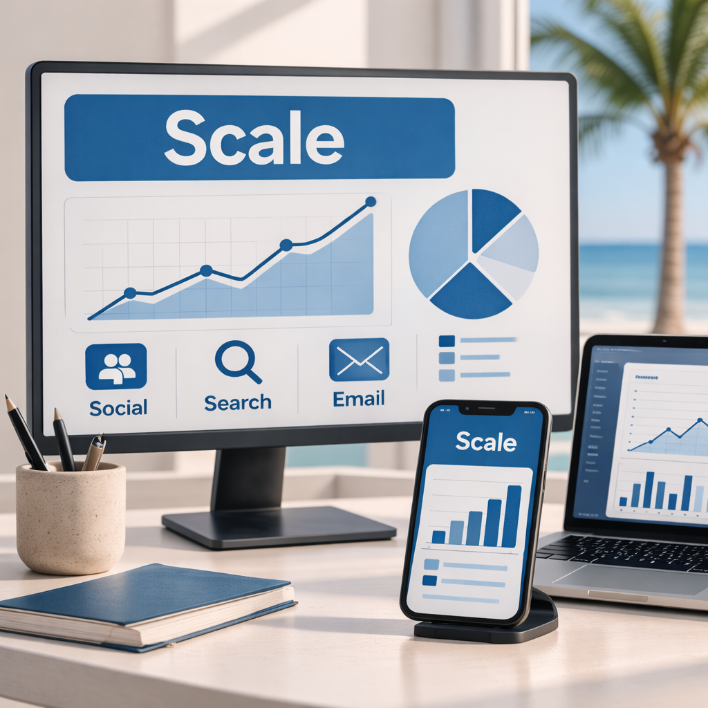 A workspace showing a monitor, smartphone, and laptop with data charts and graphs, and a background of a beach with a palm tree.