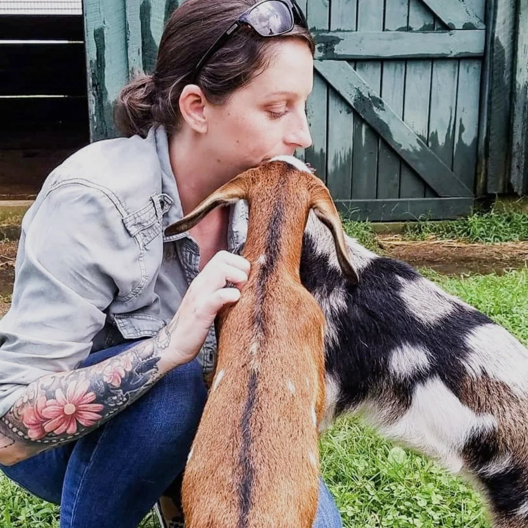 A woman with sunglasses on her head and a colorful tattoo on her arm is kneeling outdoors, kissing and gently holding two goats, one brown with long ears and one black and white, near a green wooden fence.
