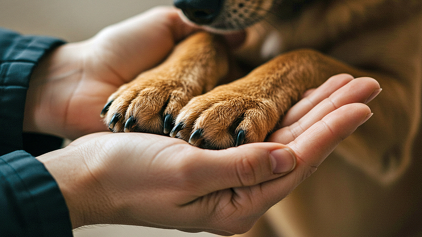 Person holding a dog's paw gently with both hands.