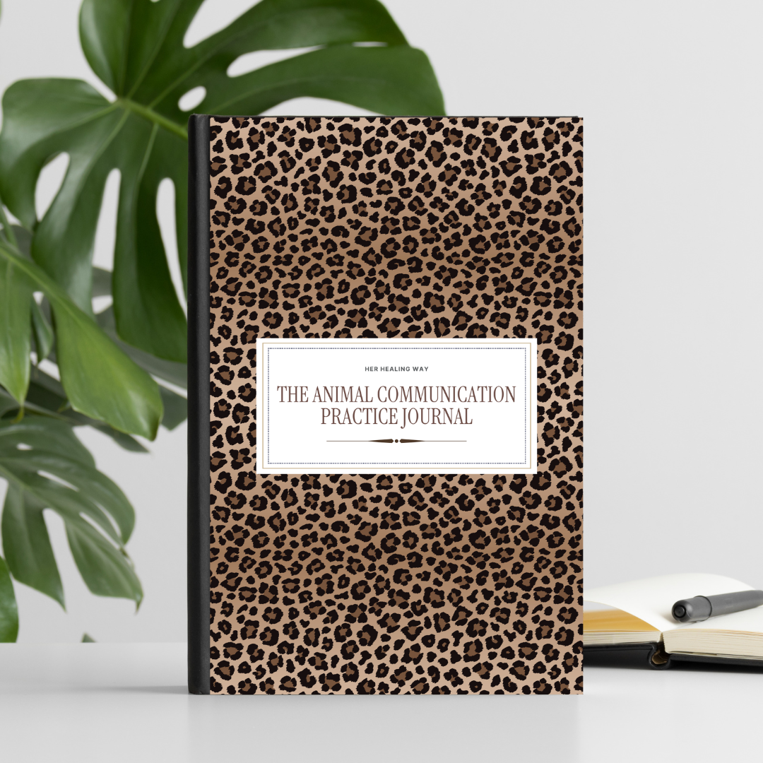 A journal with a leopard print cover titled 'The Animal Communication Practice Journal' set on a white surface with a large green Monstera leaf behind it, and an open notebook with a pen to the right.