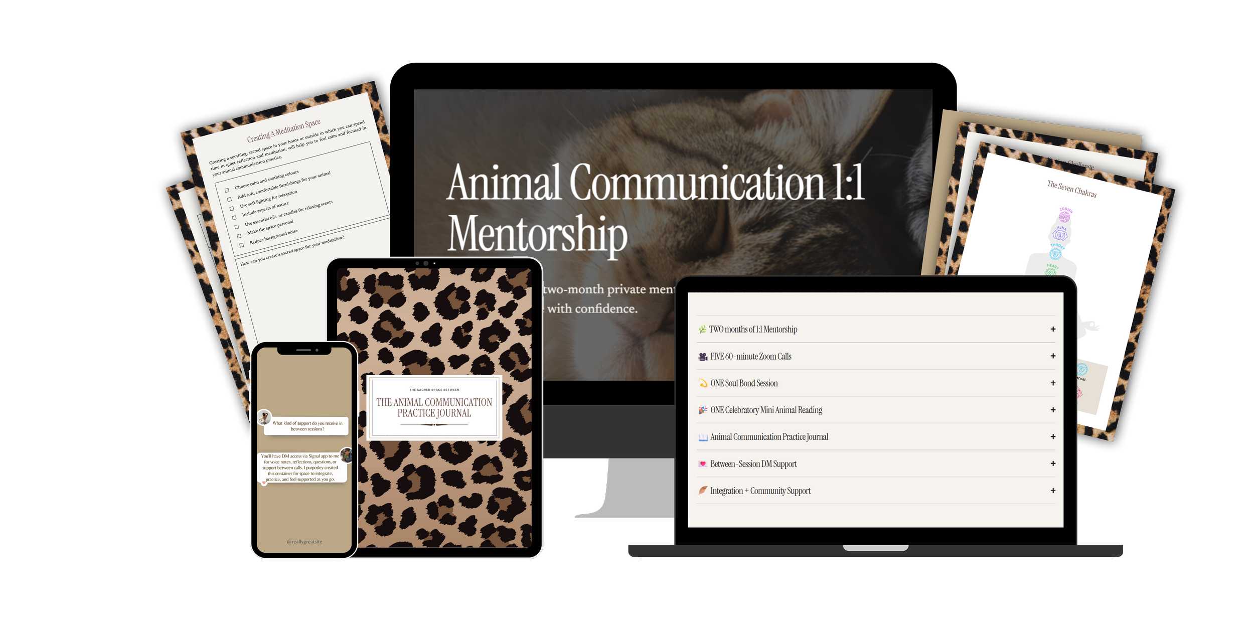 Digital promotional image for animal communication mentorship program, featuring computer, tablet, phone screens with schedules, journal pages, and images of cats and animal chakra charts, all with leopard print accents.