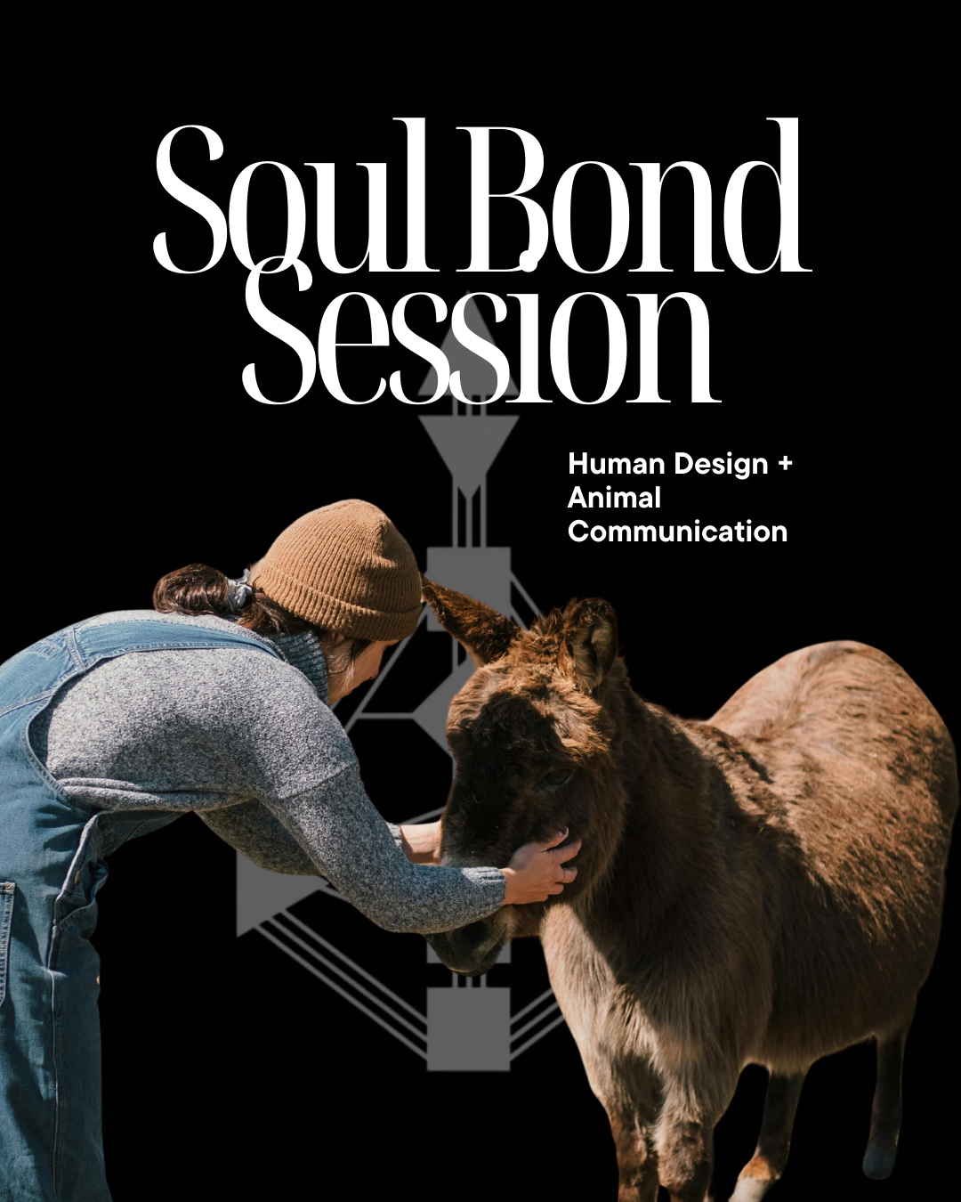 A woman wearing a camouflage baseball cap and a purple jacket holds a light brown rabbit in her arms against a black background with a human design illustration and the text 'Soul Bond Session'.