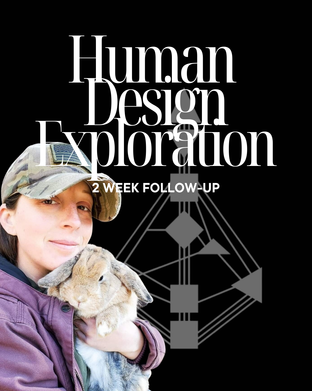 A woman wearing a camouflage baseball cap and a purple jacket holds a light brown rabbit in her arms against a black background with a human design illustration and the text 'Soul Bond Session'.