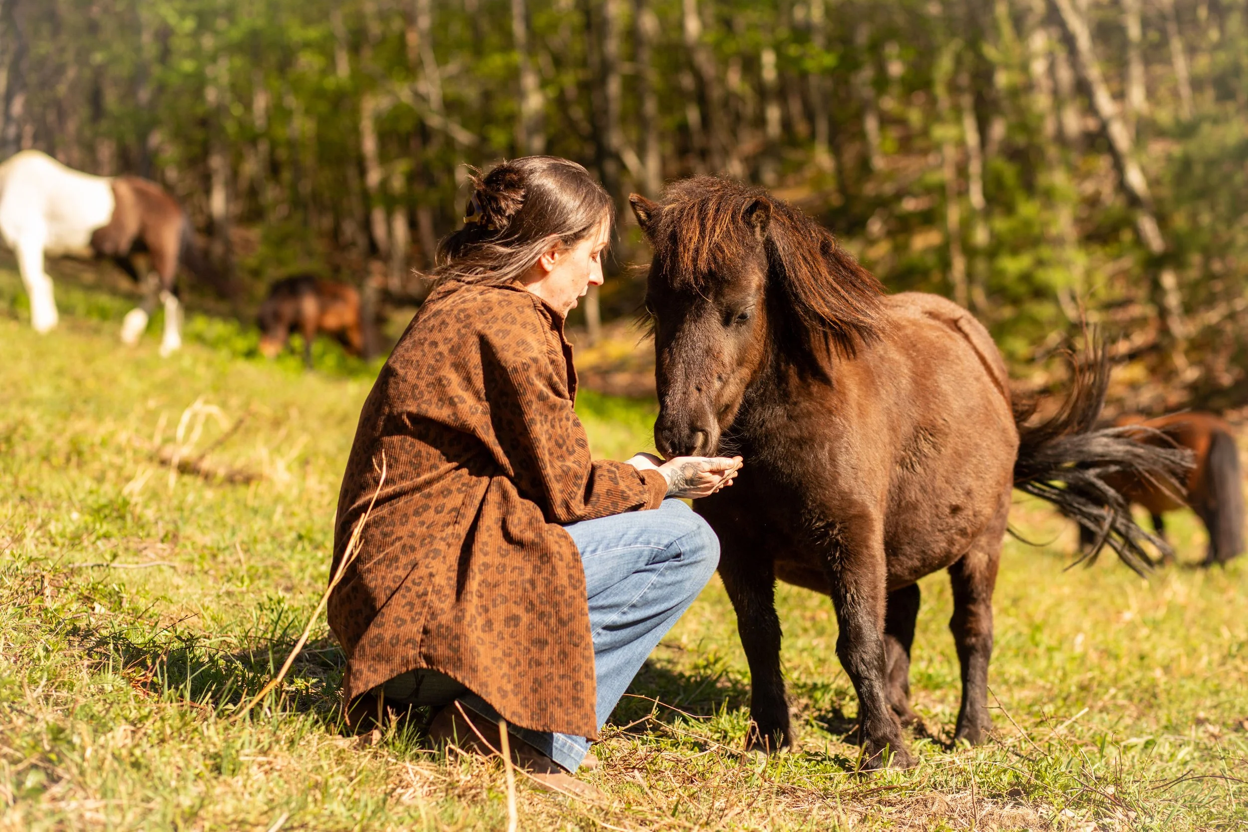 A woman with long hair and tattoos on her hands is kneeling and feeding a brown horse in a lush, wooded area during daytime.