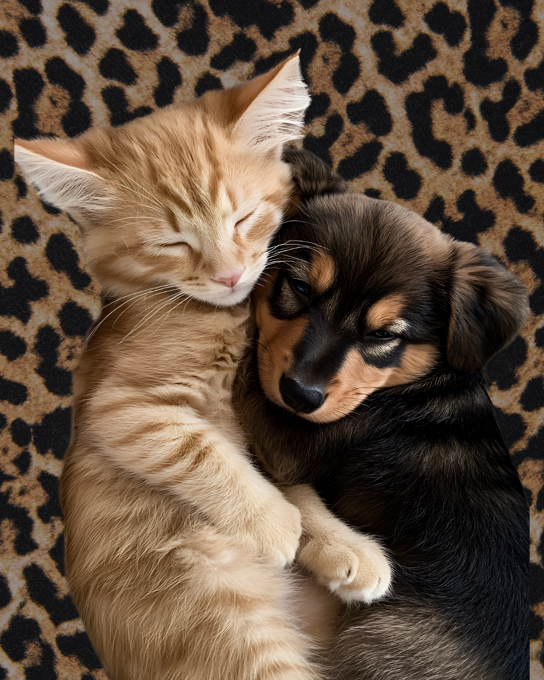 A ginger kitten and a black and tan puppy cuddling with their eyes closed on a leopard print blanket.