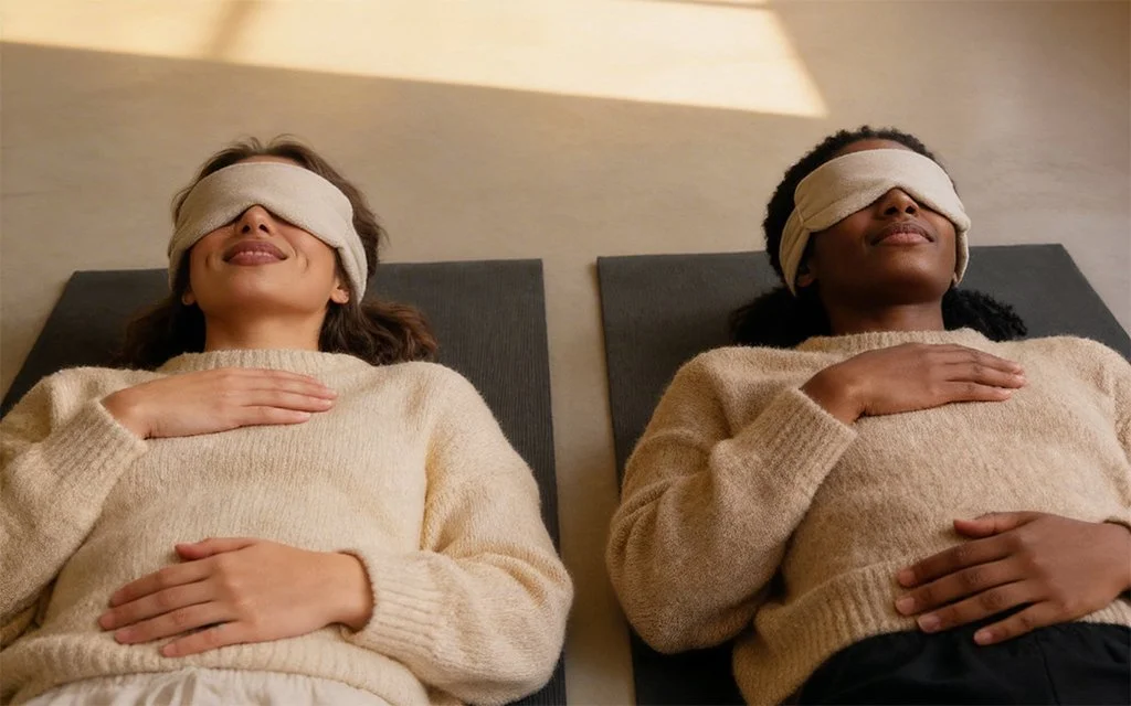 Two women lying on mats with eyes covered by cloths, relaxing in a wellness or spa setting.