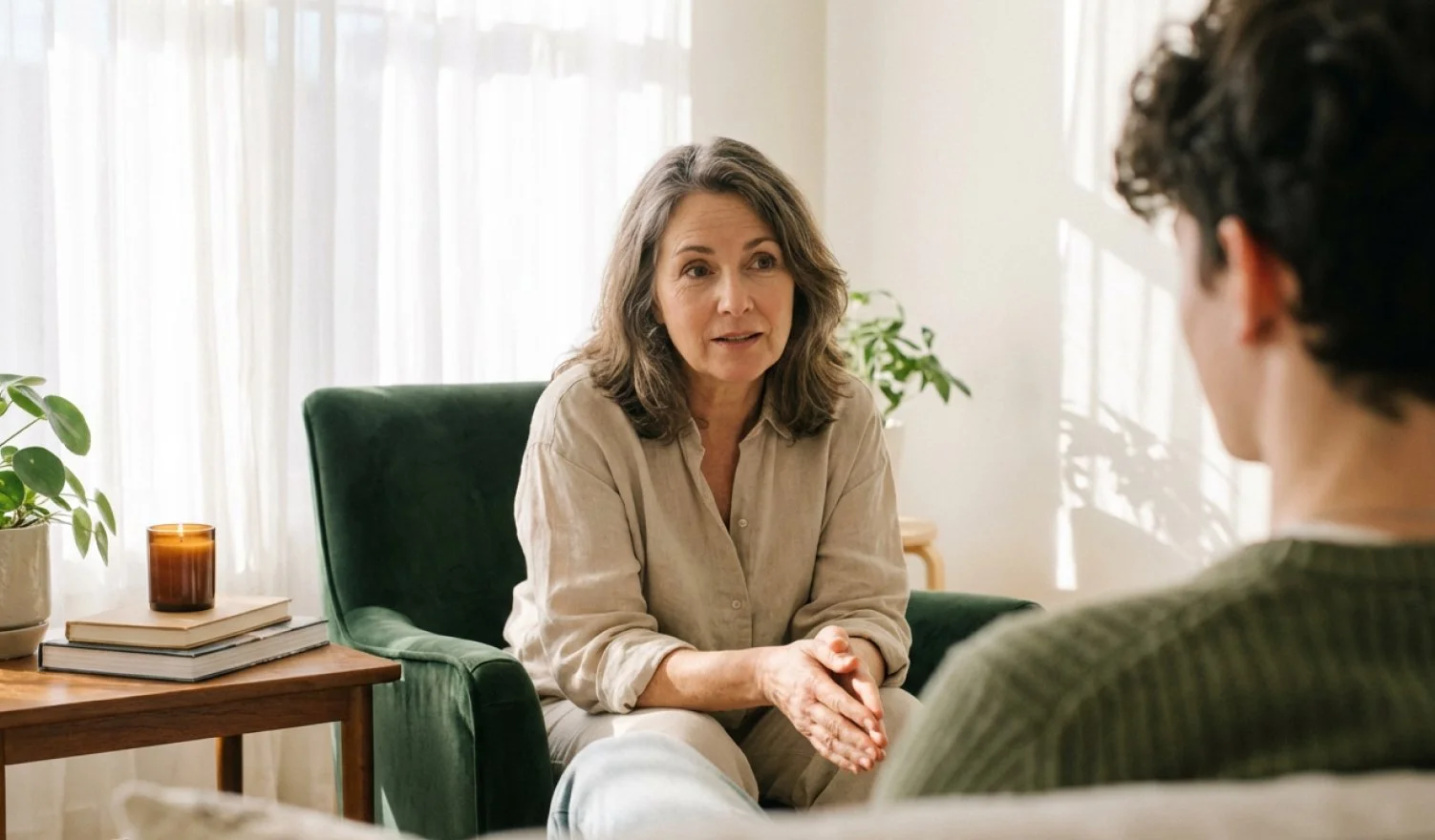 A woman in her middle age is having a conversation with a young man in a cozy, well-lit room with natural sunlight streaming through sheer curtains. The woman is sitting in a green armchair, gesturing with her hands, and there are books and a plant on a side table nearby.