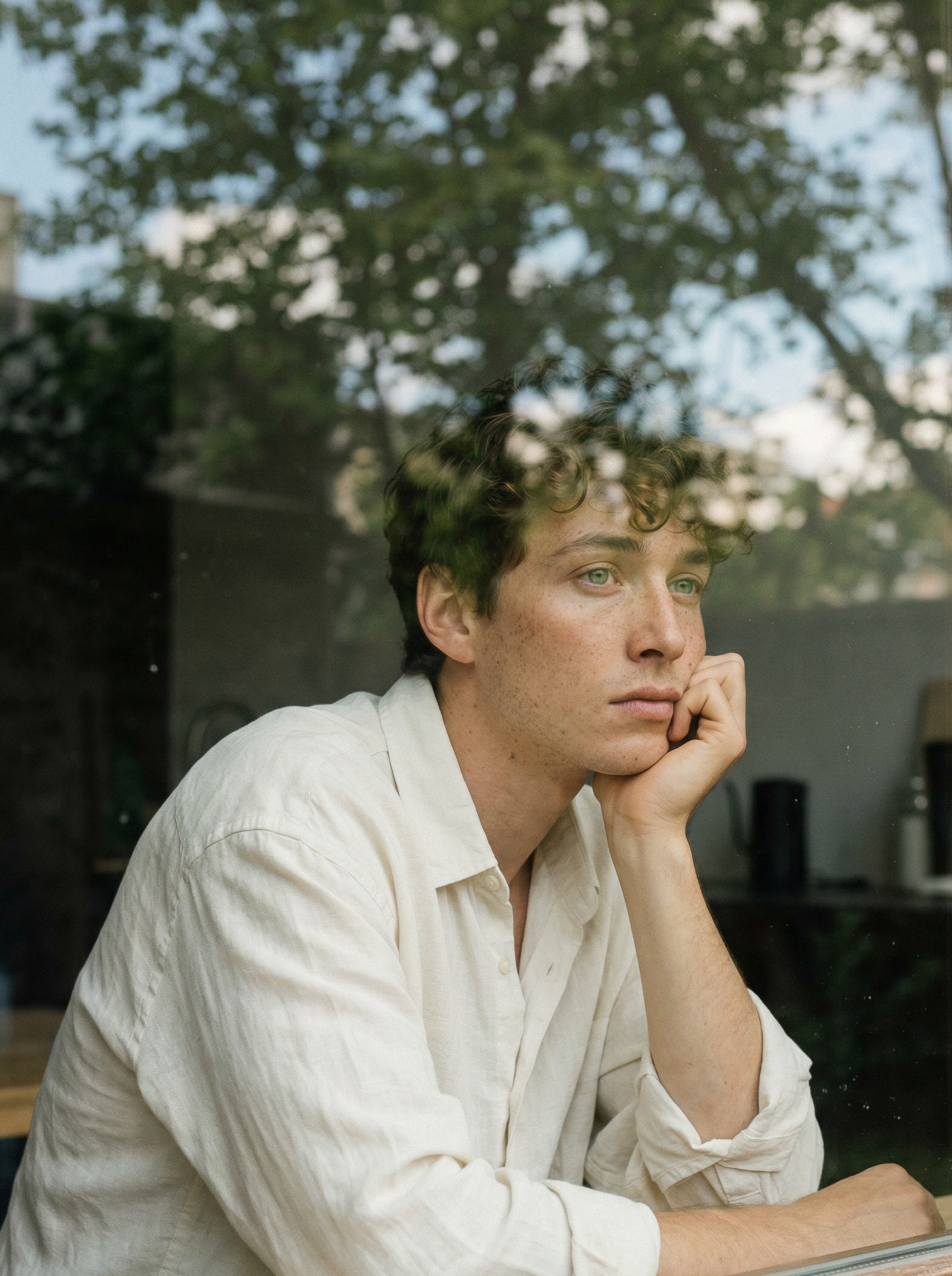 Young man with curly hair and freckles sitting with his hand on his chin, looking out a window.