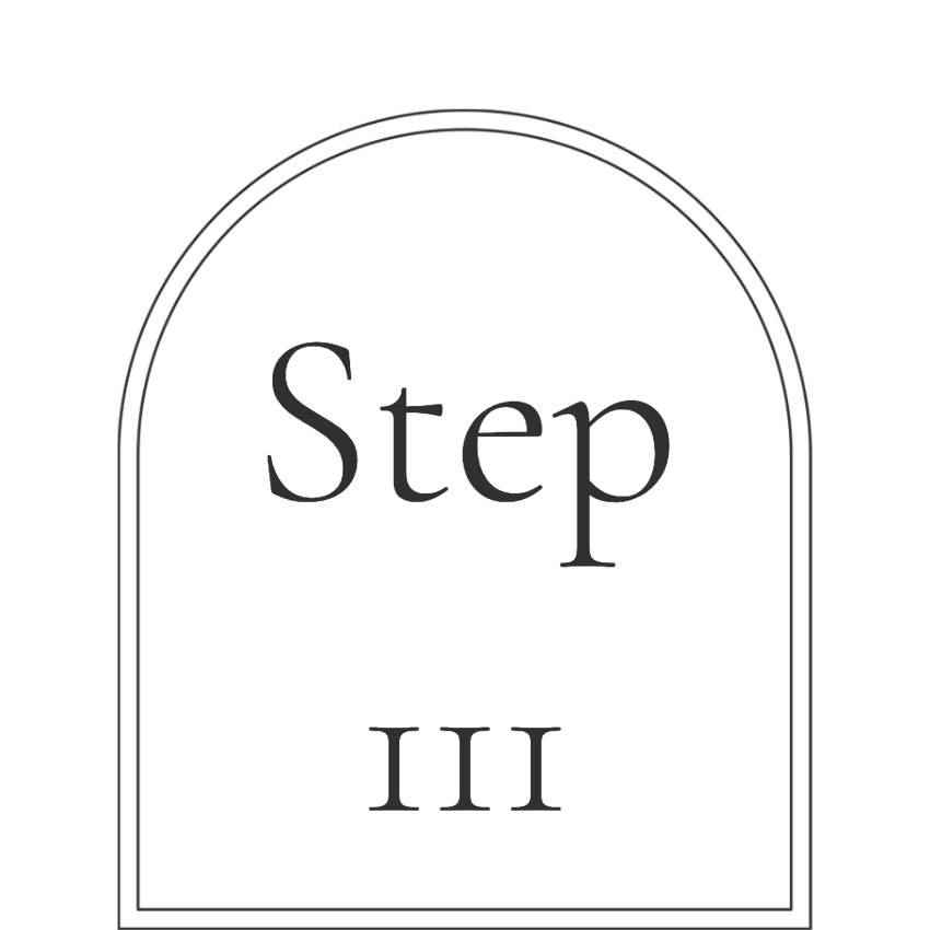 Guide representing step three in a process, numbered III in Roman numerals, housed within an arched frame.