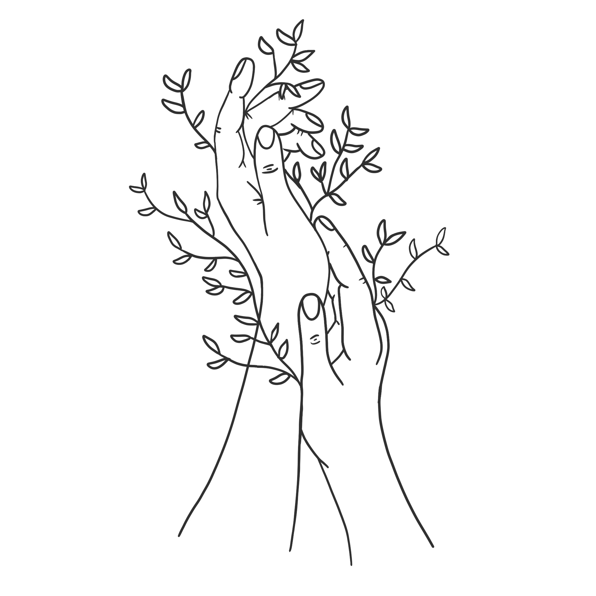 Minimalist line art illustration of two hands intertwined, with branches and leaves extending from the hands against a black background.