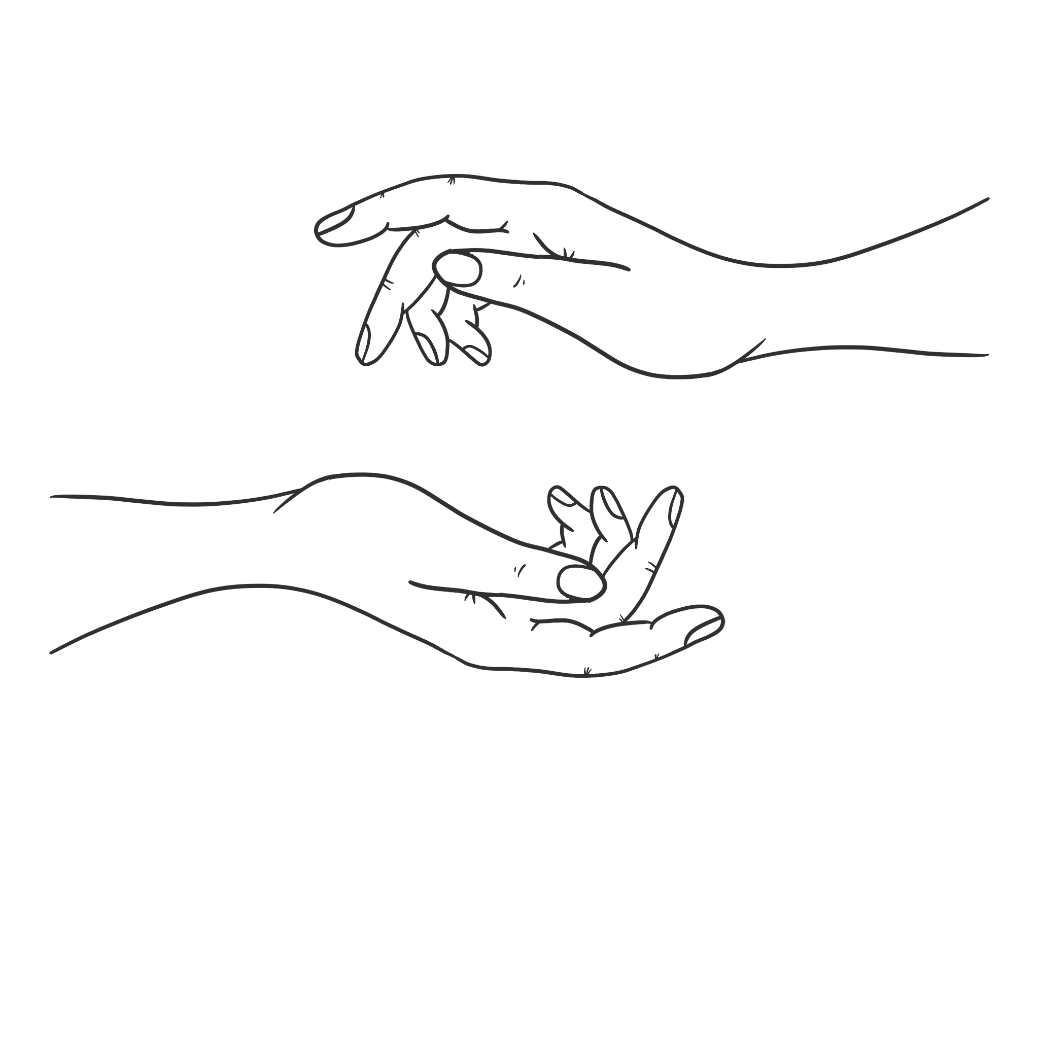 Minimalist line drawing of two hands gently touching, symbolizing connection or care