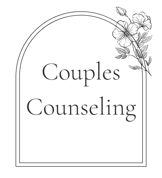 A black background with a white outline of an arched border and a floral illustration in the top right corner. The text inside the arch reads "Couples Counseling."