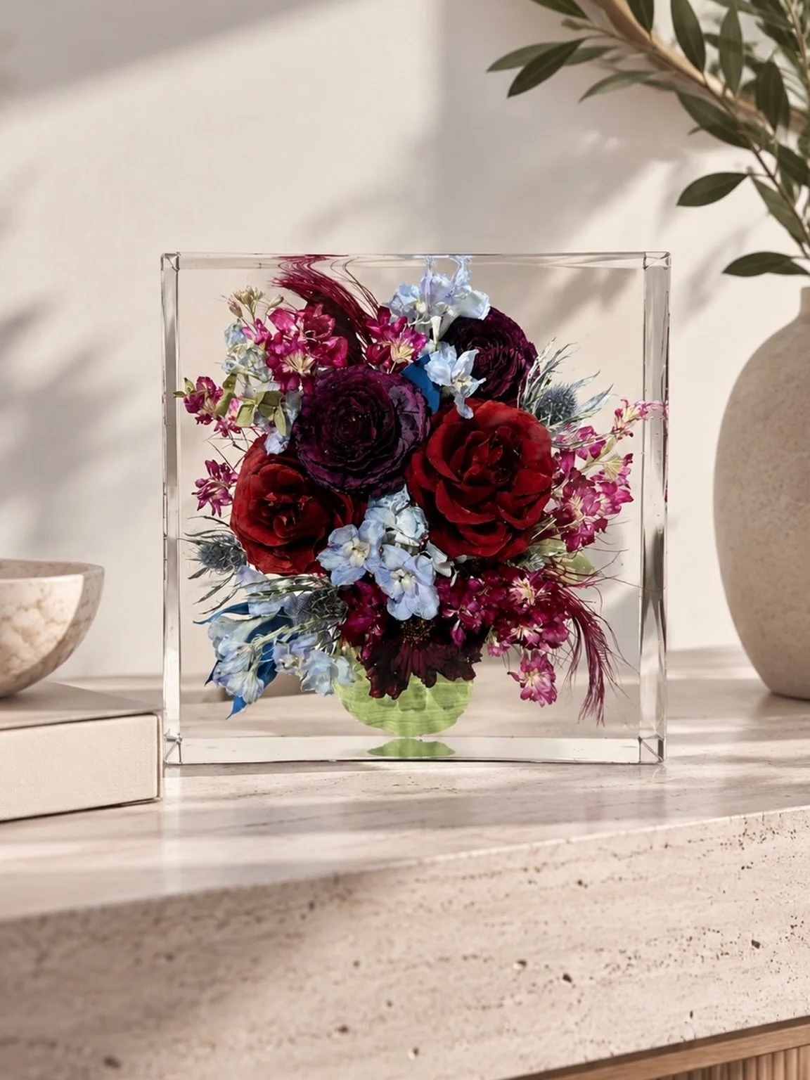 Your bouquet doesn&rsquo;t have to be made of just flowers to be preserved. 

This one was so moody and unique, filled with rich, bold colors, beautiful texture, subtle touches of blue delphinium, and even red feathers woven throughout the bouquet.

