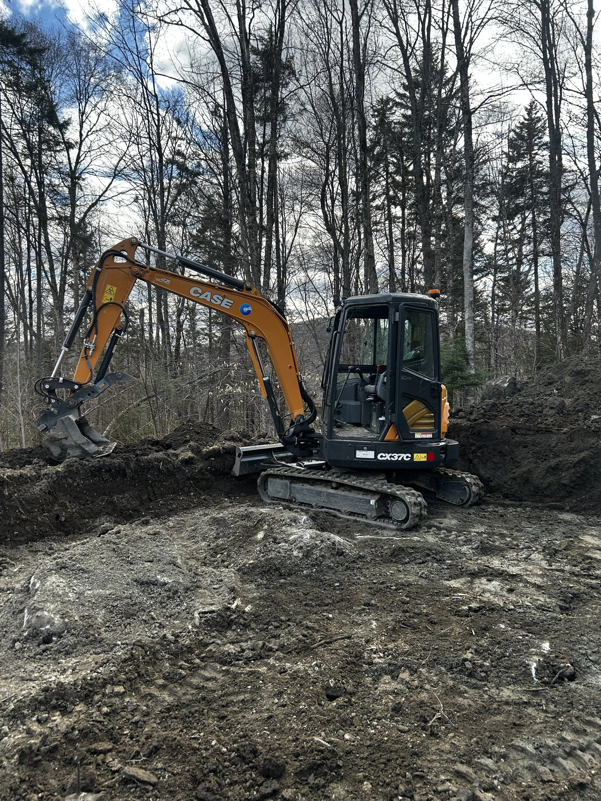 Une pelleteuse sur un chantier de construction entouré d'arbres nus.