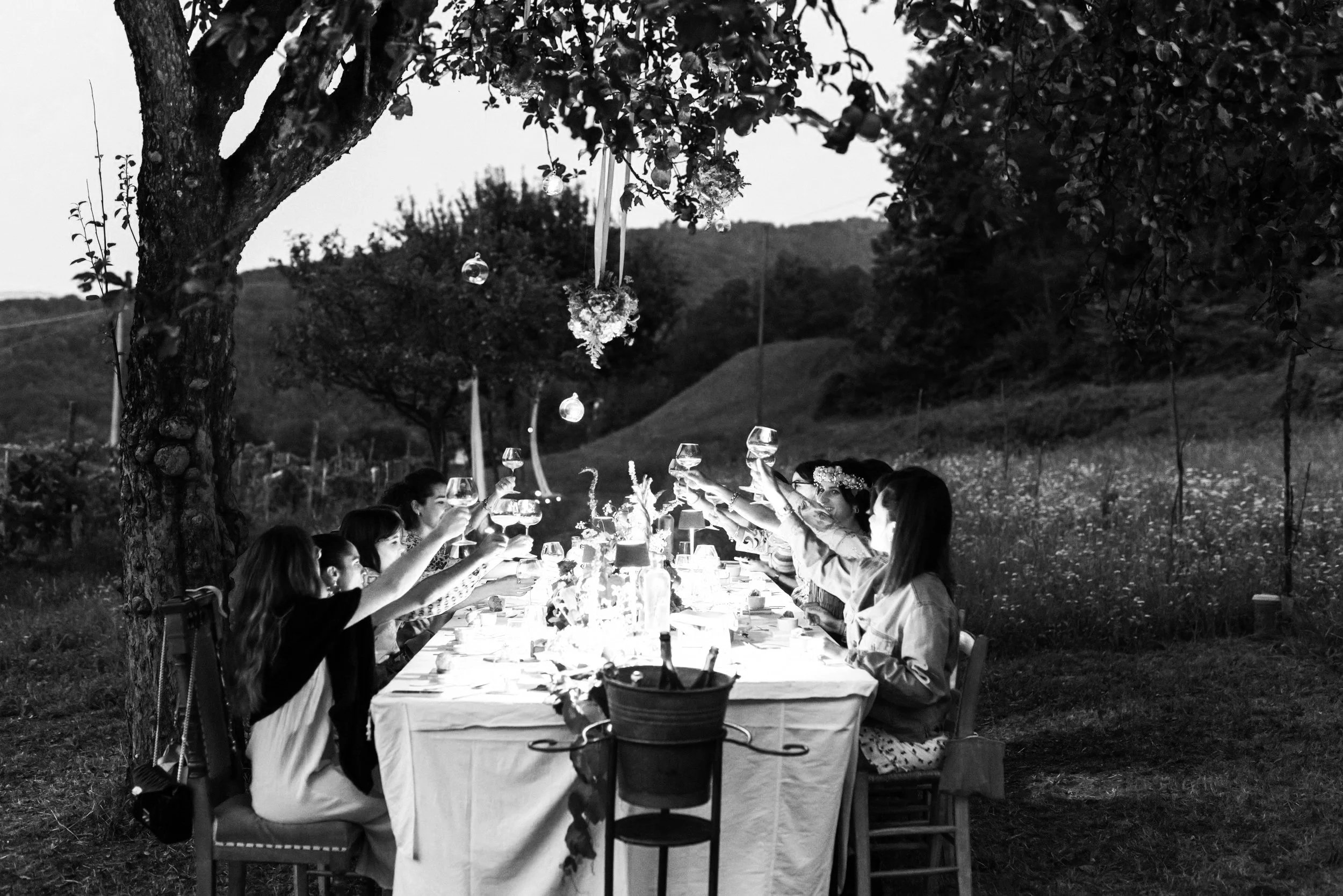Grupo de amigos celebrando un cumpleaños con una cena en el bosque a la noche. La mesa está adornada con flores y lámparas.