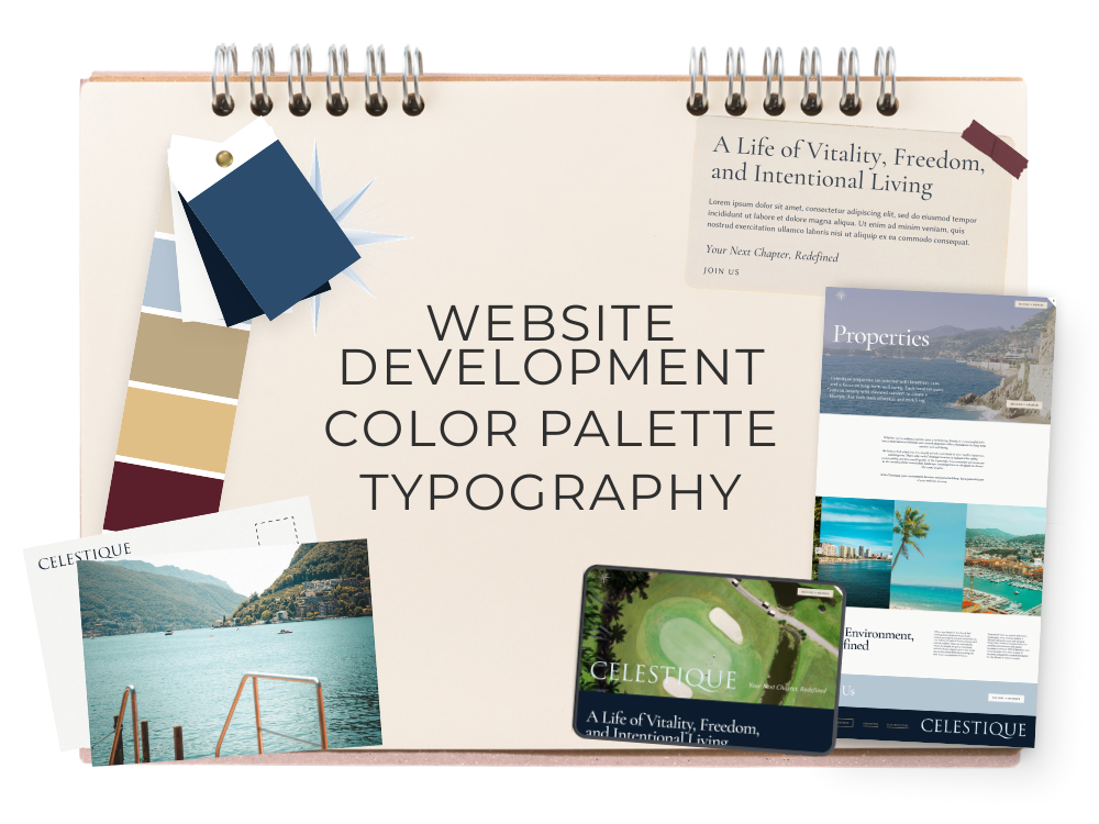A creative workspace with a spiral notebook displaying the words 'Website Development, Color Palette, Typography,' surrounded by color swatches, printed pages on travel and properties, a golf course sample card, and a smartphone with a website on the screen.