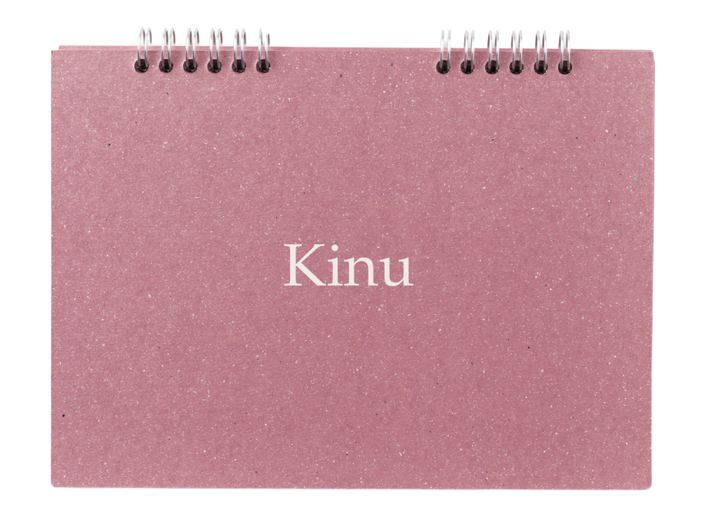 A pink, glittery spiral notepad with the word 'Kinu' written in white in the center.