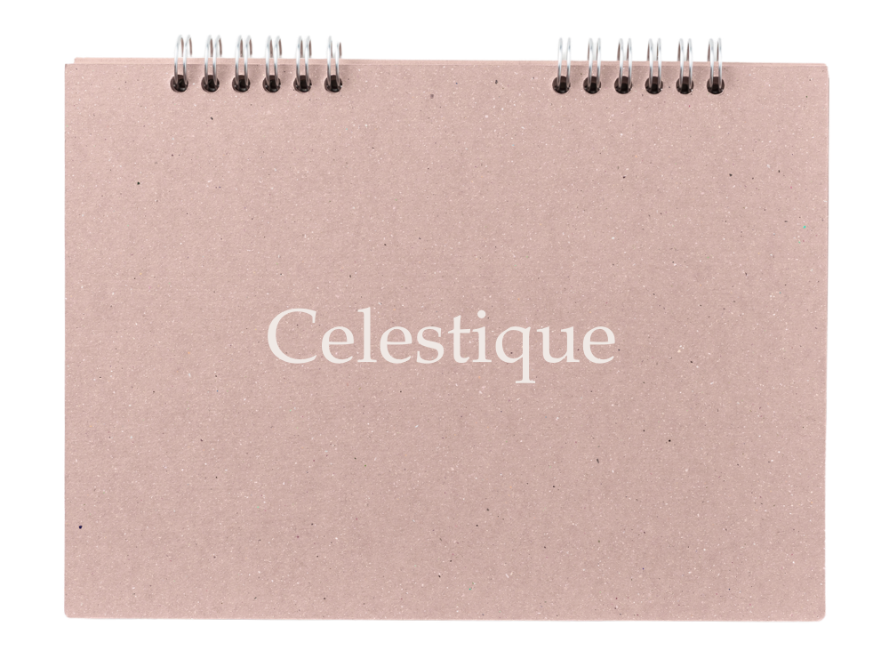 Pink spiral-bound notebook with the word 'Celestique' written on the cover.