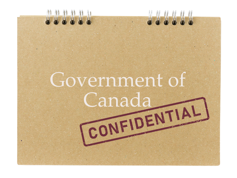 A cardboard folder with the text "Government of Canada" and a stamp that reads "CONFIDENTIAL" in purple.