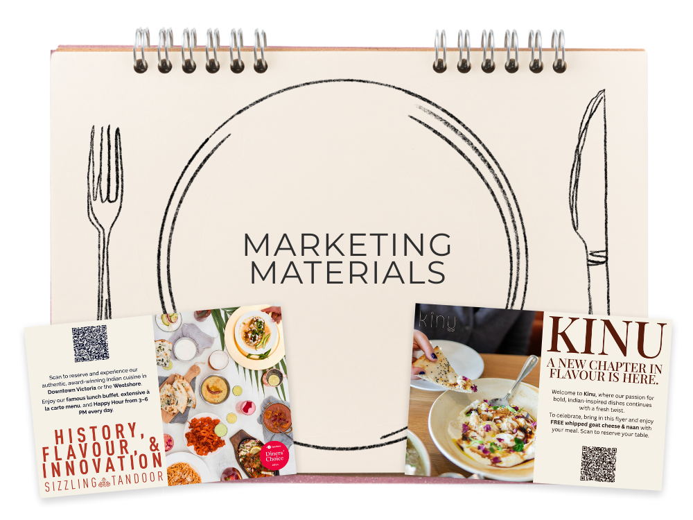A spiral-bound book labeled "Marketing Materials" with sketches of a fork and knife on either side, overlapping promotional flyers for a cuisine restaurant or event.