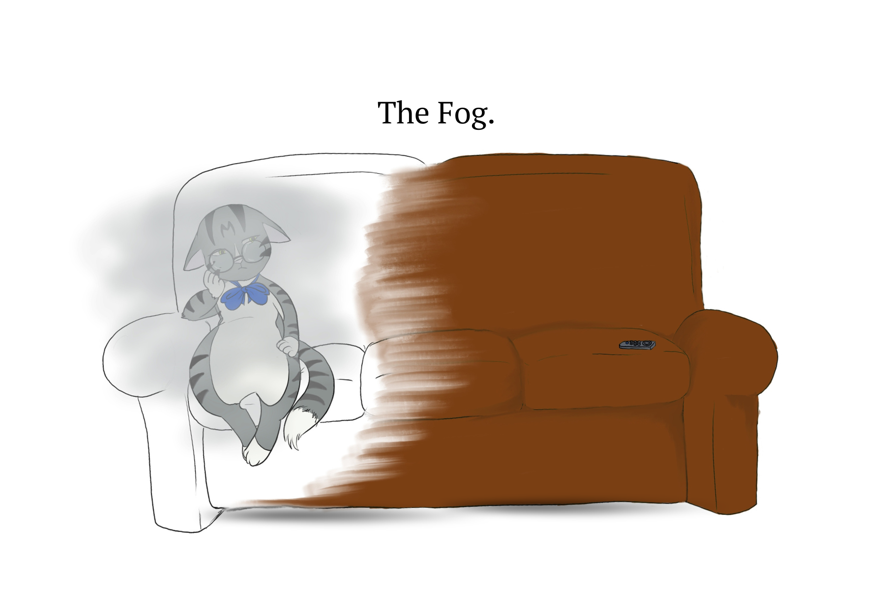 Grey tabby cat sitting on a couch.