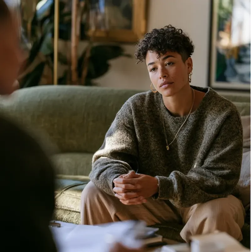 Aldea Counseling Services person of color in therapy session.