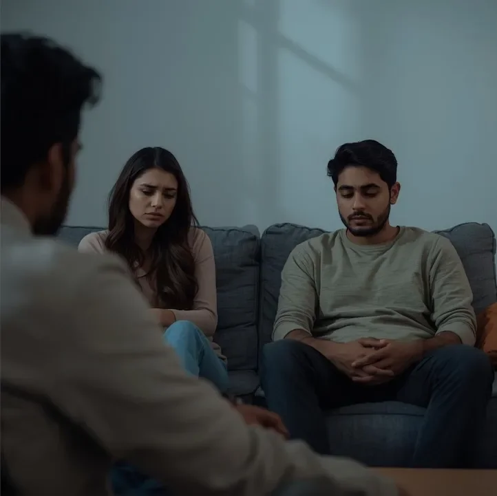 couple in therapy session looking sad