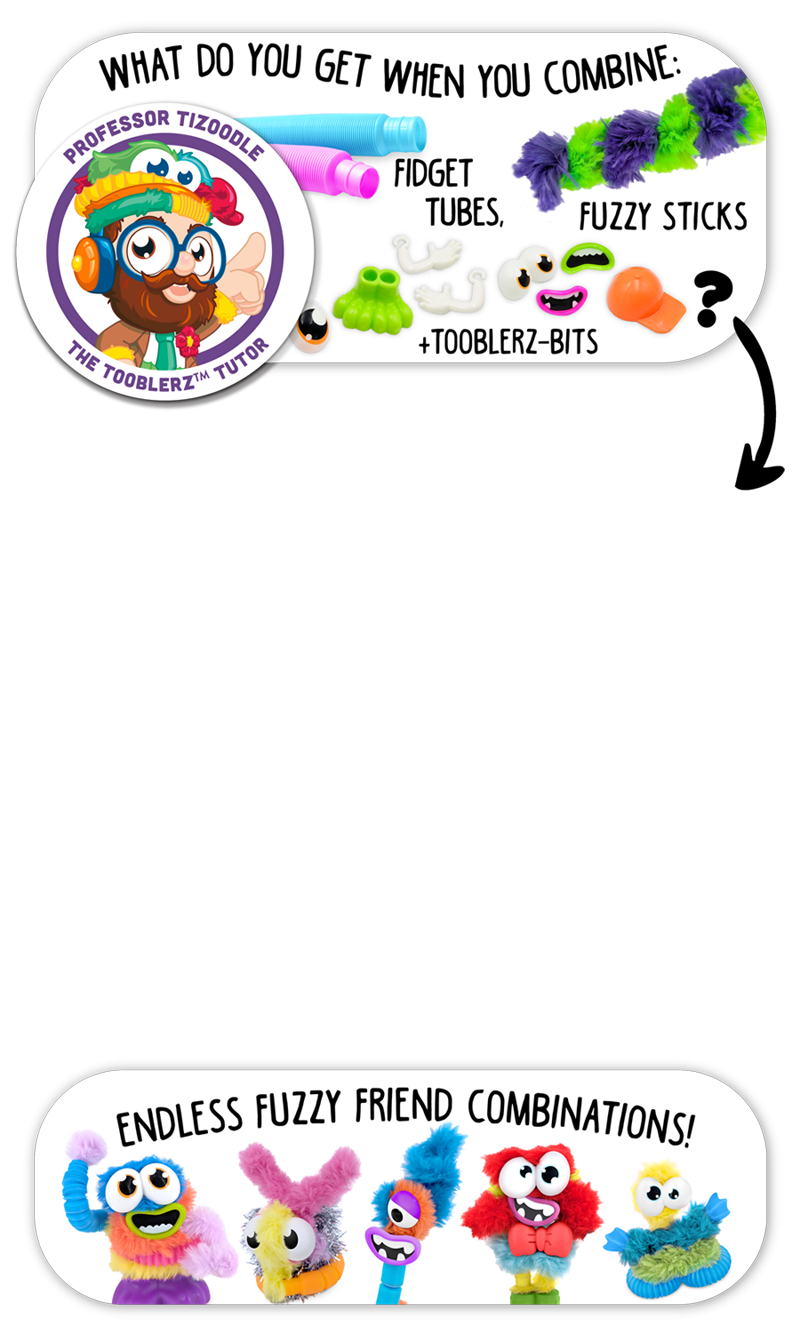 Illustration of "Professor Tizoodle" mascot character. He's a silly looking professor guy with glasses, a mustache and beard, wearing a lab coat and silly hat. Talking about Tooblerz and suggesting endless fuzzy friend combinations.