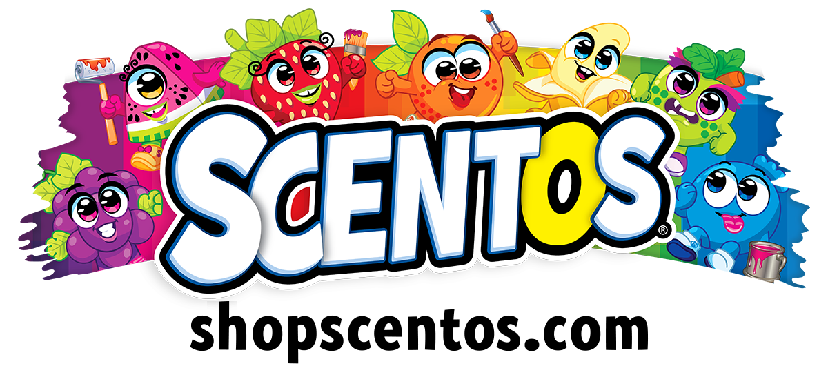 Logo for 'Scentos' prominently displayed and the website 'shopscentos.com' below, on a rainbow swoosh with colorful, smiling fruit buddies characters of grape, watermelon, orange, strawberry, banana, green apple, and blueberry.