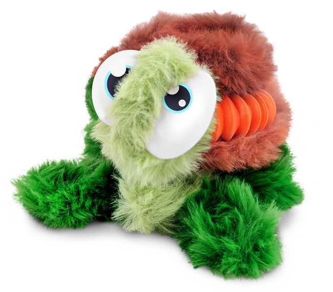 Plush toy turtle with large eyes, green and brown fluffy fur, and accordion-like orange neck.