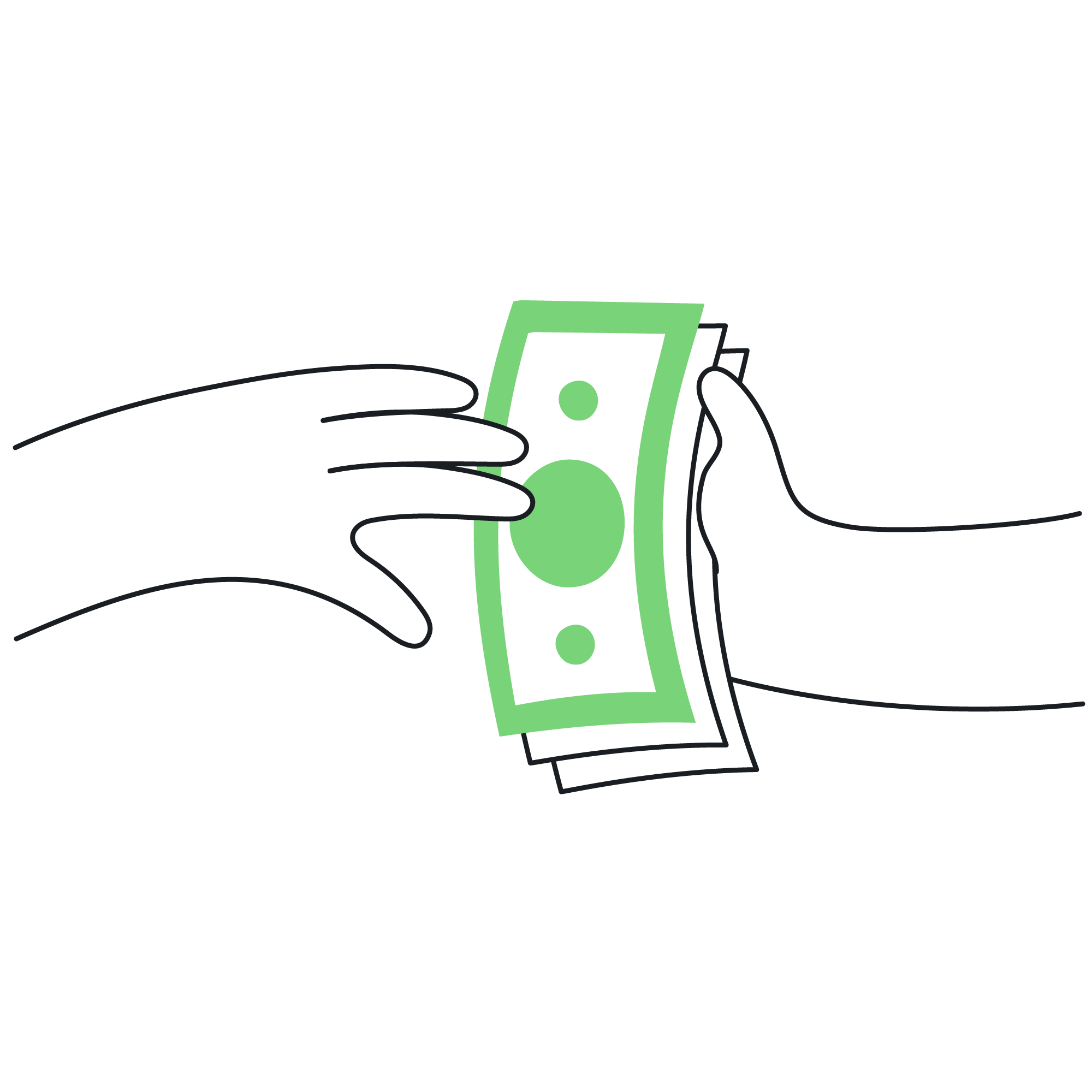 Illustration of one hand passing a dollar bill to another hand.