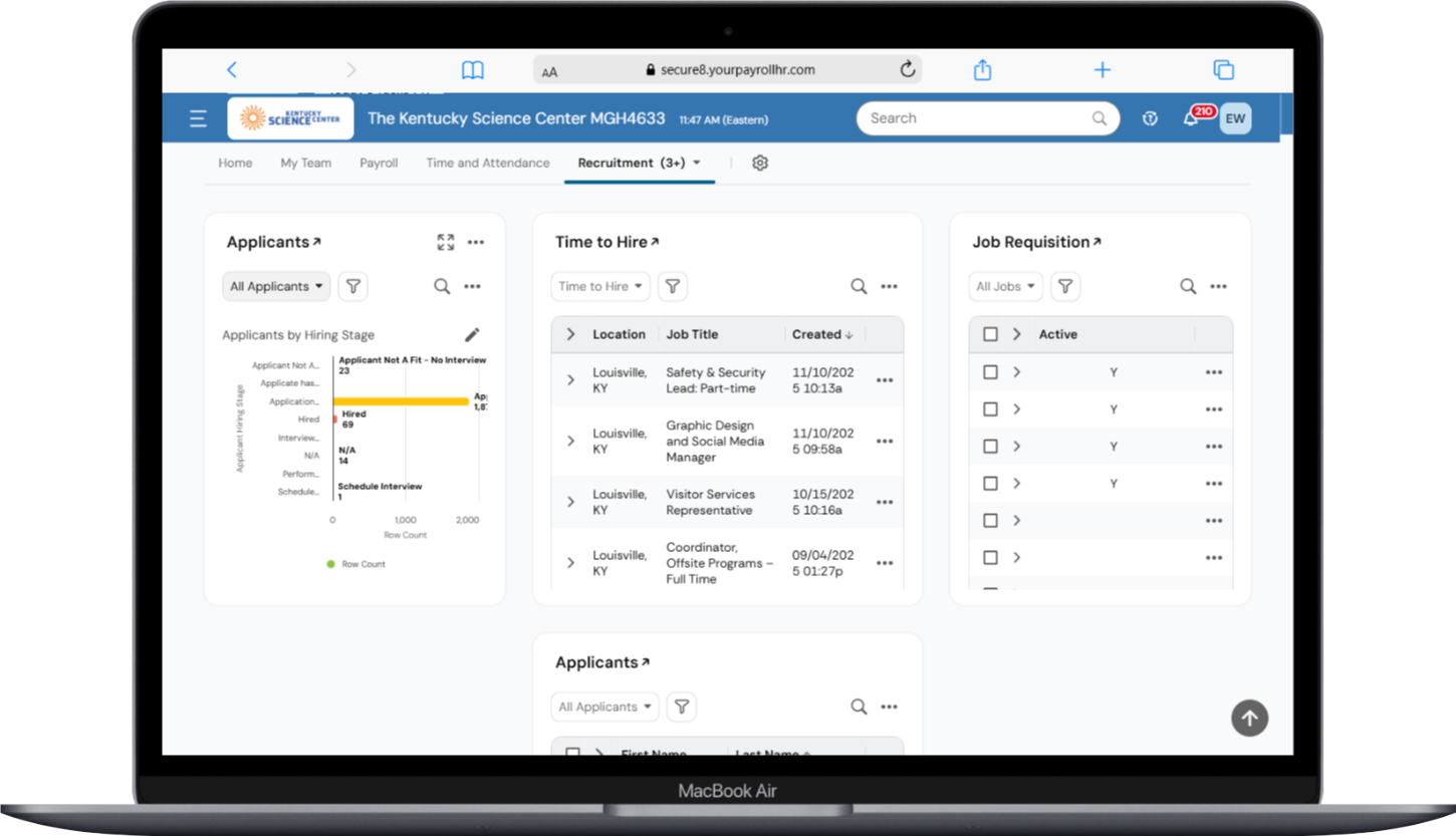 Screenshot of a recruitment management dashboard for the Kentucky Science Center, showing applicants, job postings, and their statuses.