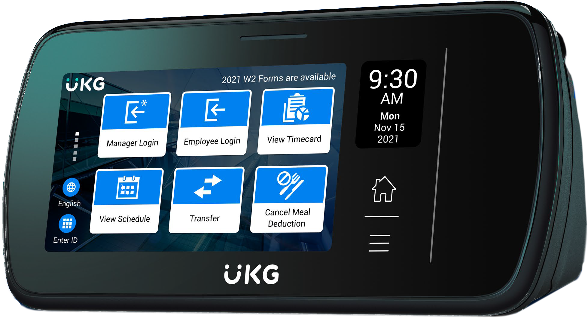 Touchscreen device displaying options for manager login, employee login, view timecard, view schedule, transfer, cancel meal deduction, and enter ID with a digital clock showing 9:30 AM on November 15, 2021.