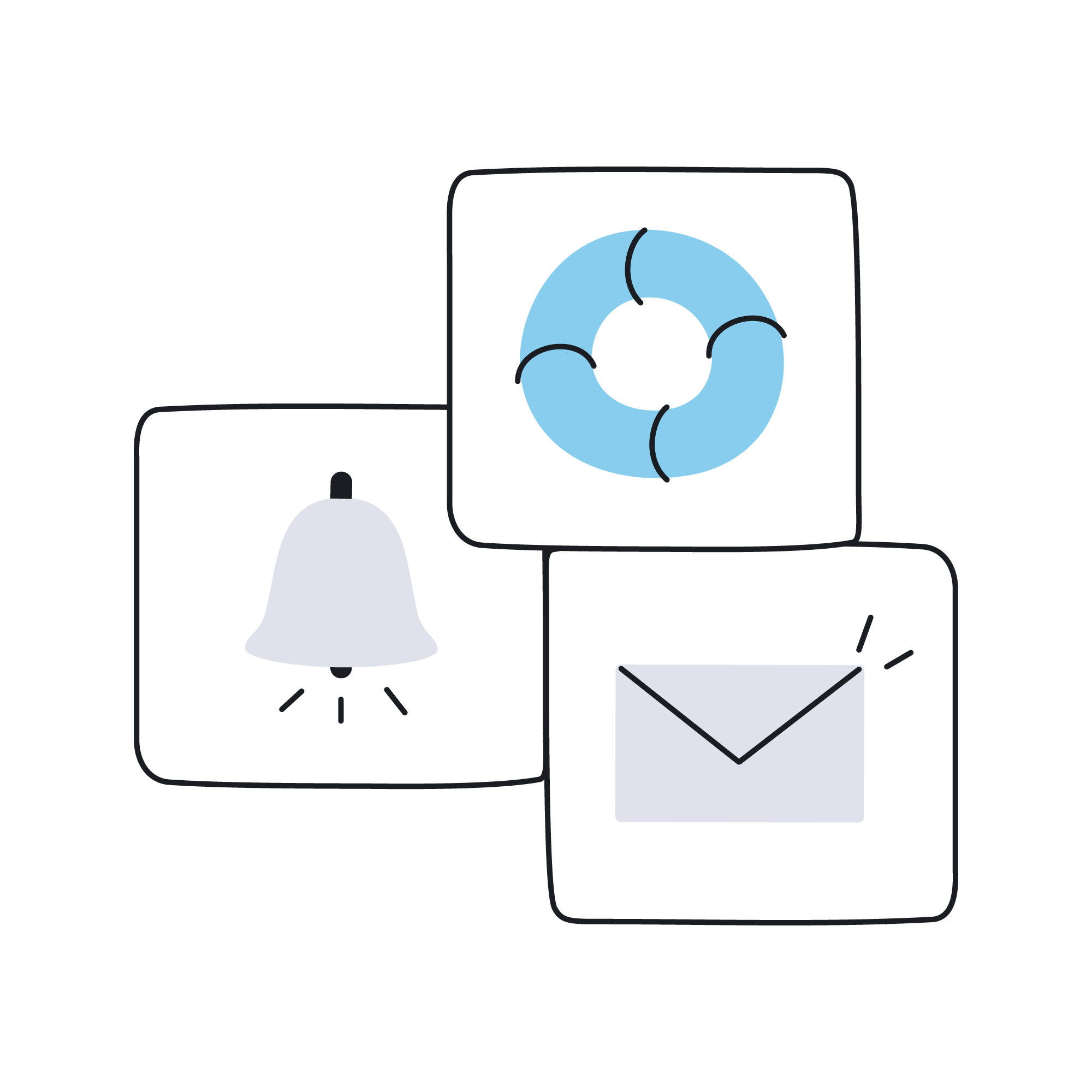 Illustration of a notification bell, a life preserver, and an envelope icon.