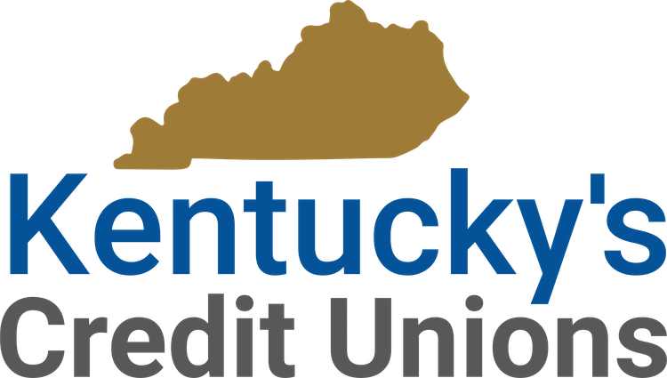 Logo of Kentucky's Credit Unions, featuring a gold outline of the state of Kentucky above the words 'Kentucky's Credit Unions' in blue and gray text.
