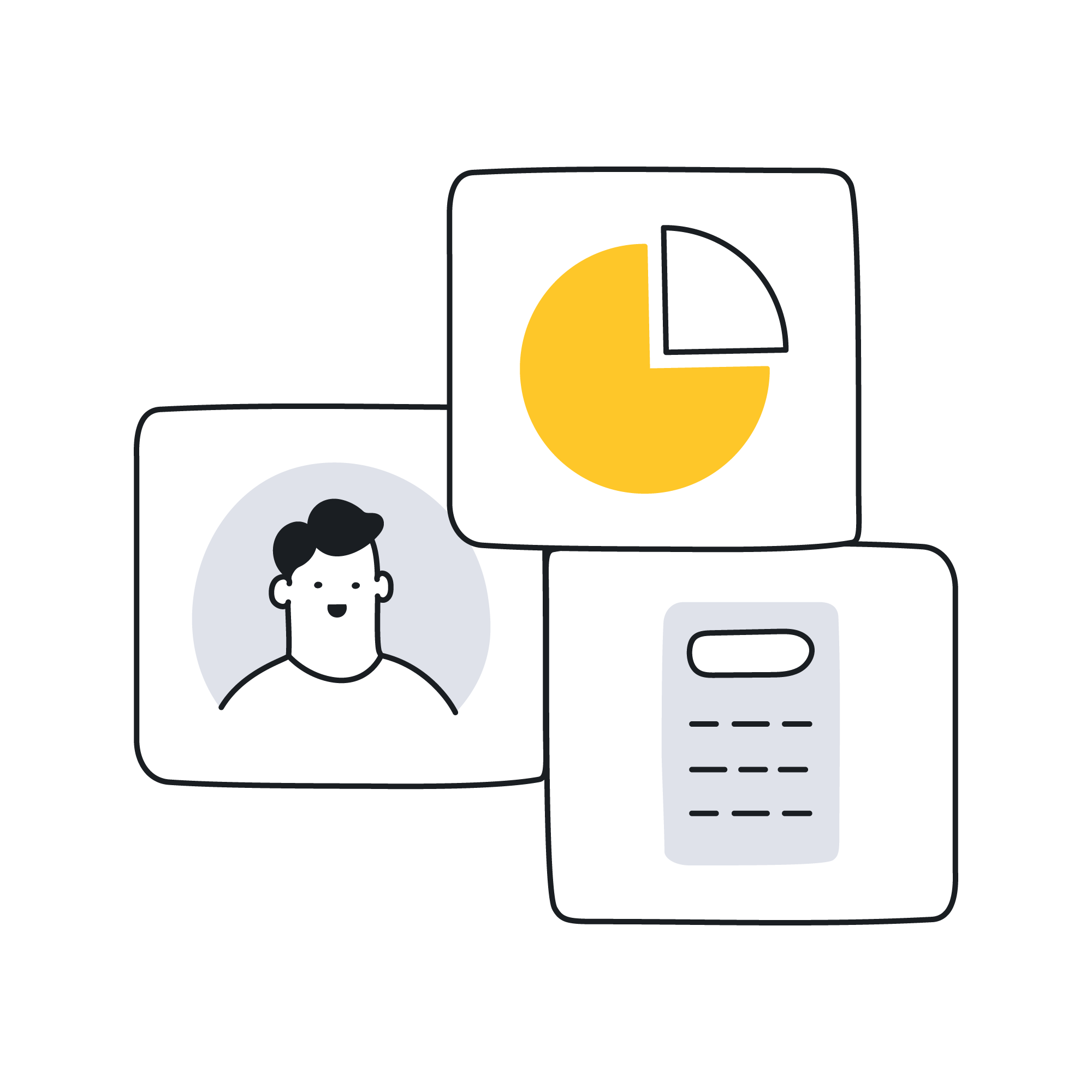 Digital illustration of a person, a pie chart, and a document with lines of text, all against a black background.