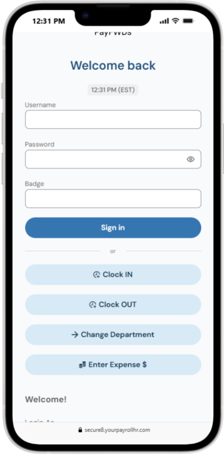Mobile phone screen showing a payroll login app with fields for username, password, and badge, and buttons for sign-in, clock in/out, change department, and enter expense.