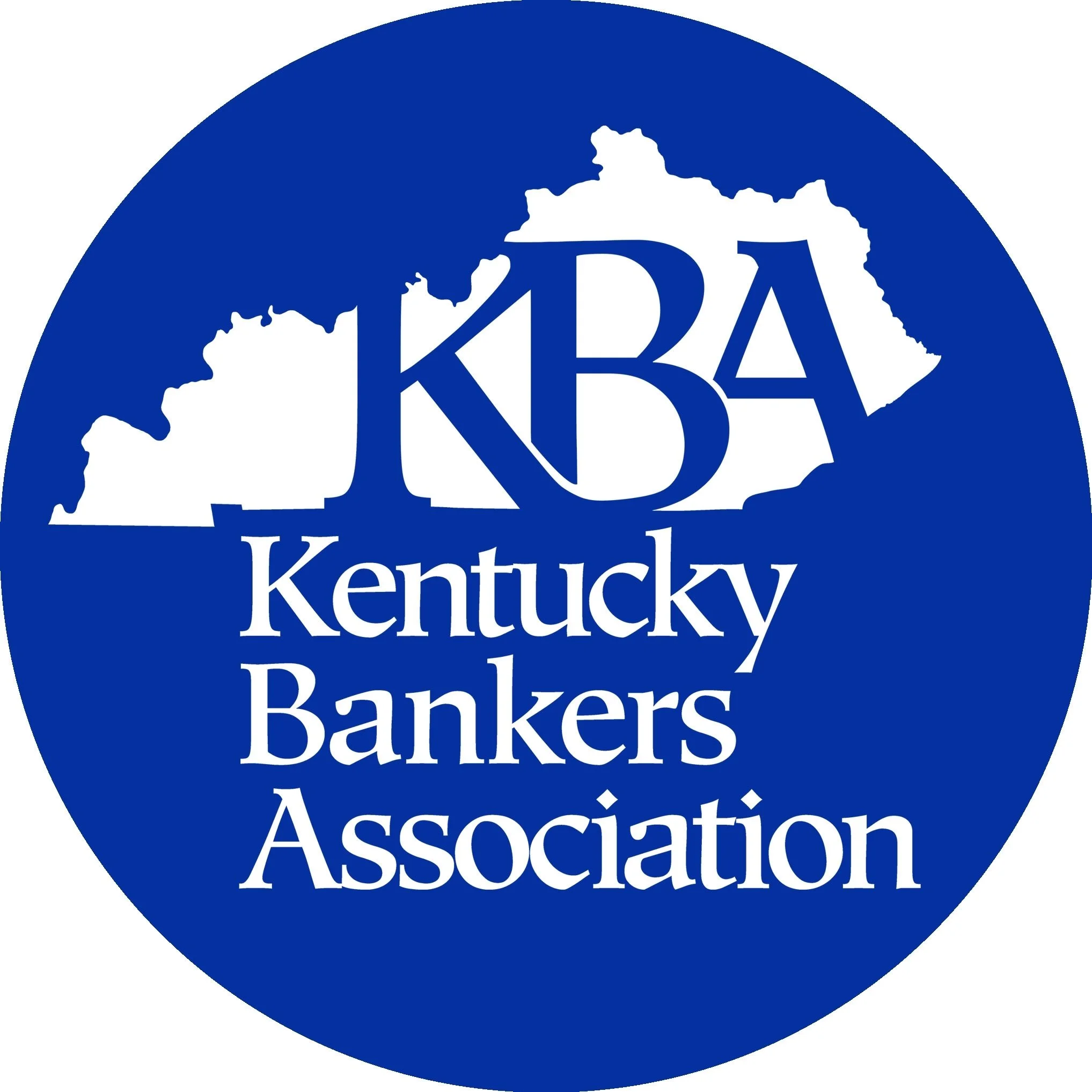 Logo of the Kentucky Bankers Association with a blue circular background, a white outline of the state of Kentucky, and the acronym KBA in large blue letters along with the full organization's name below.