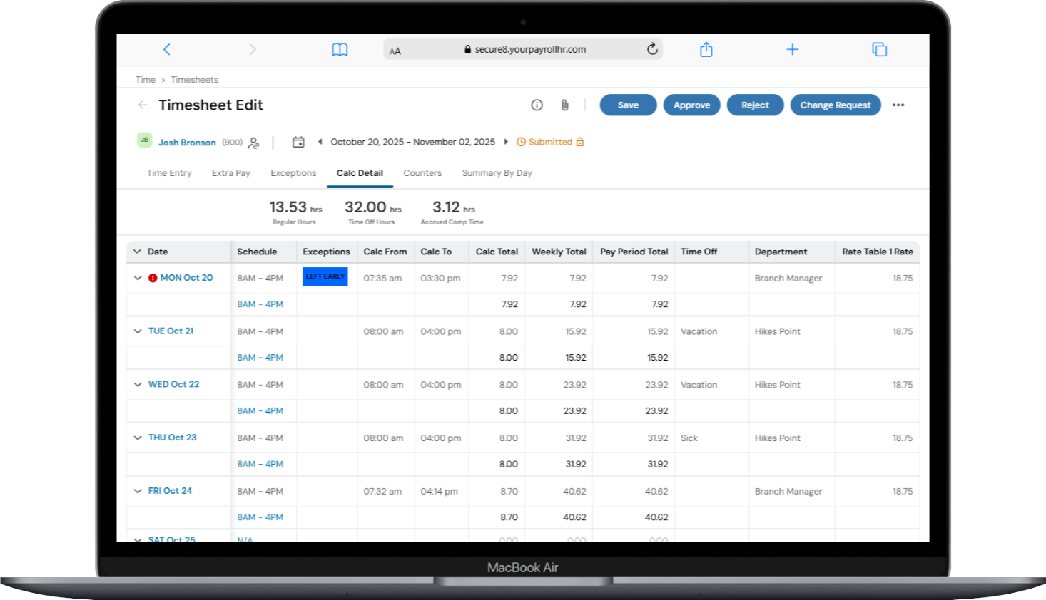 Laptop displaying a timesheet management web page with schedules, exceptions, and pay details for different dates and departments.