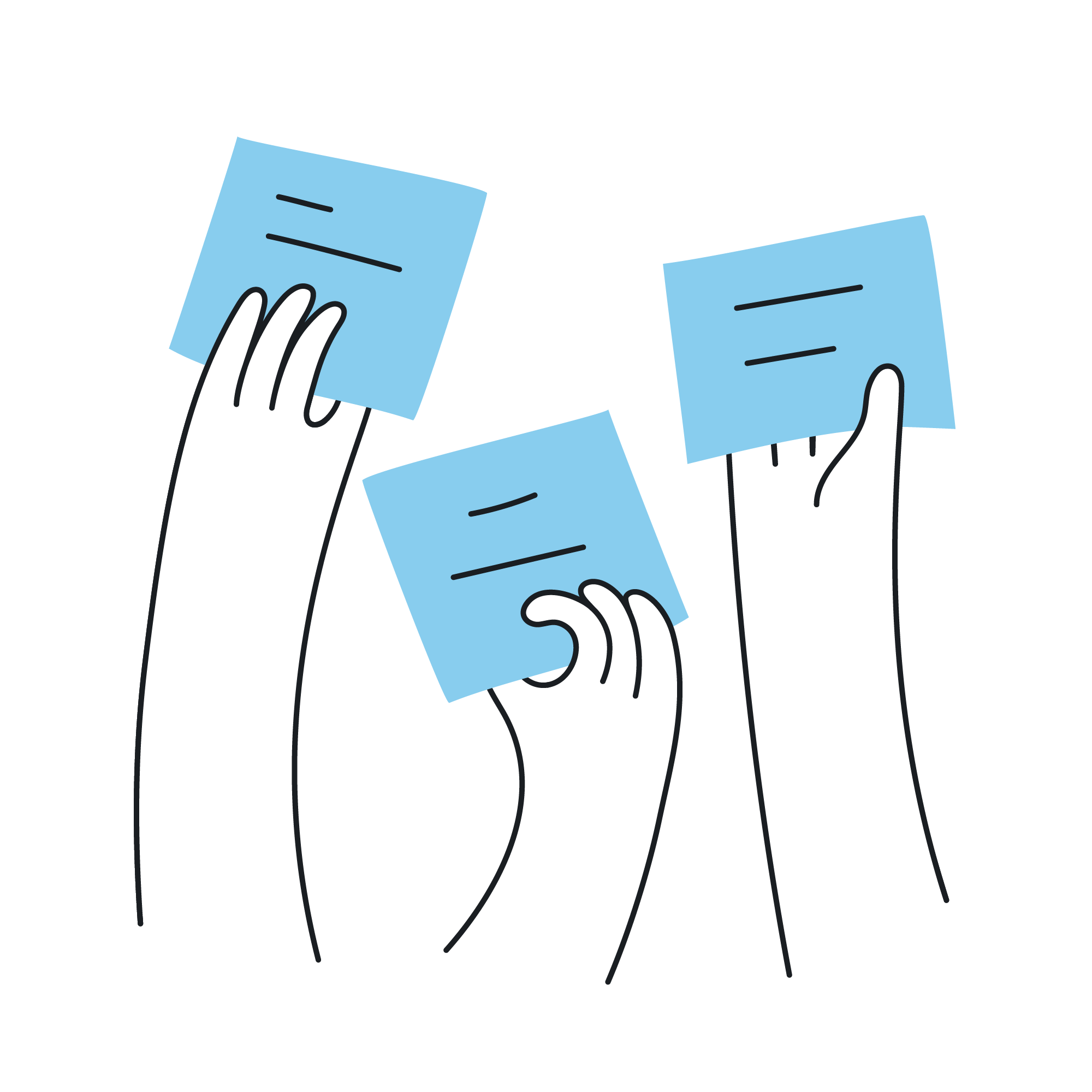 Three hands holding blue cards or tickets in different positions against a black background.