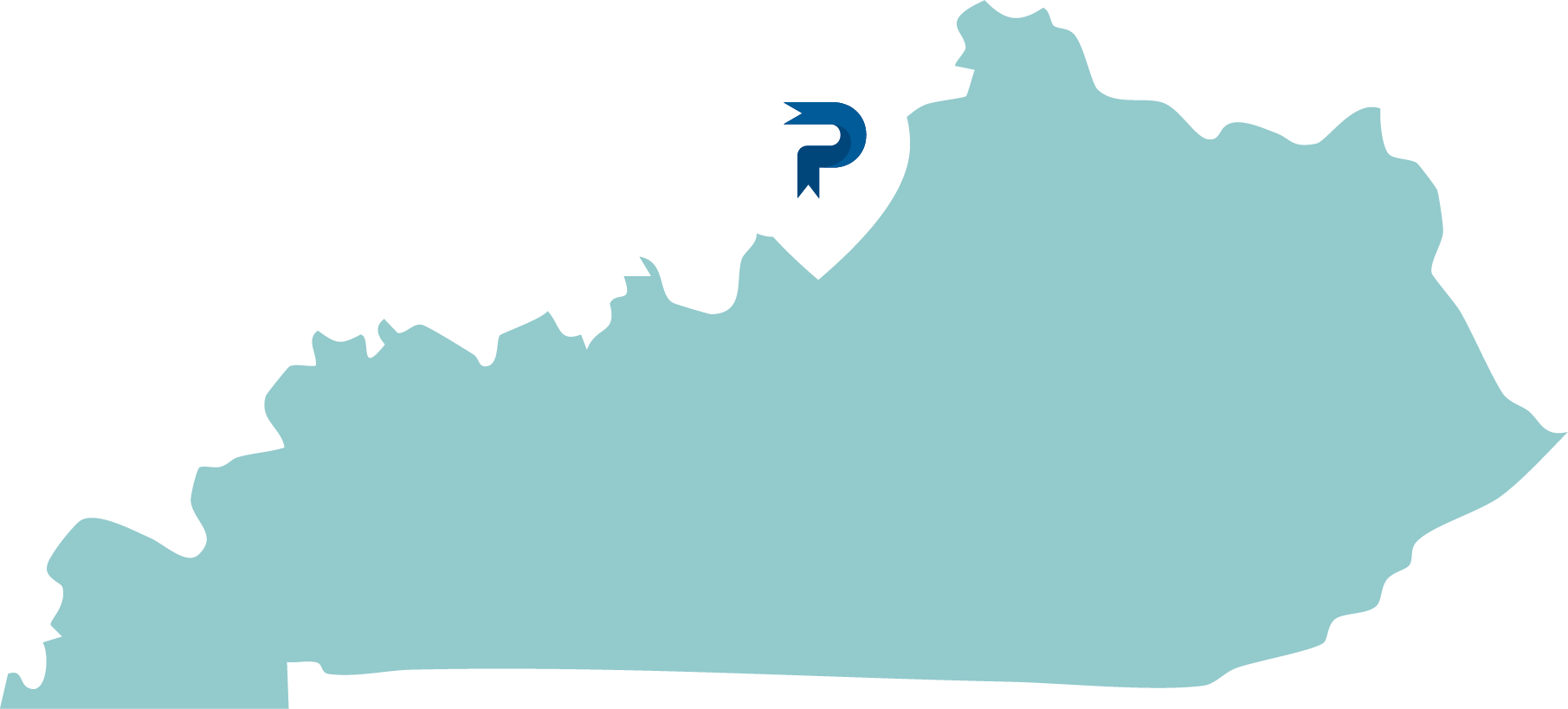 Map of Kentucky with a location marker near the center that features the Posey logo.