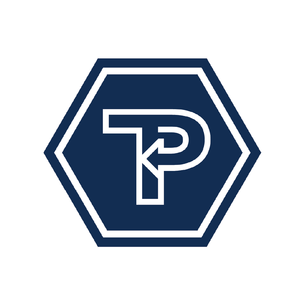 Hexagonal logo with a large letter P and a smaller letter 2 intertwined inside, in white on a dark blue background.